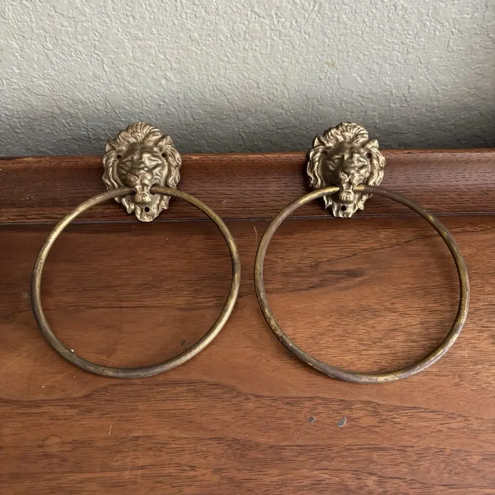 Vintage 2 Brass Lions Head Towel Ring Wall Mount 5” Diameter All West Japan